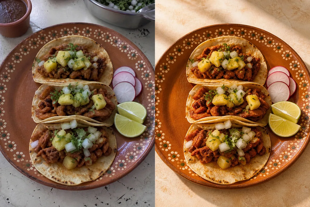 El mismo plato de tacos antes y después de mejorar su iluminación y presentación con IA